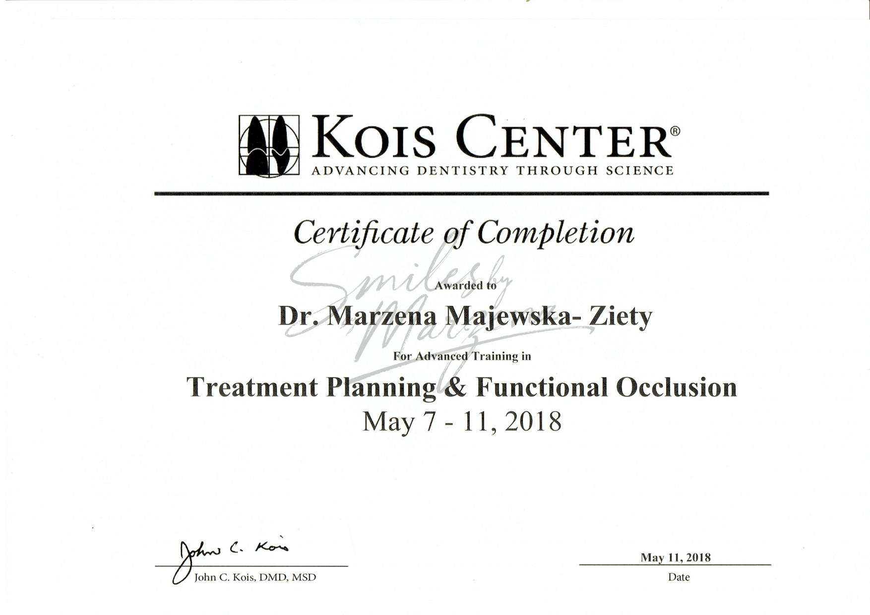 Certyfikat Kois Center – Treatment Planning and Functional Occlusion