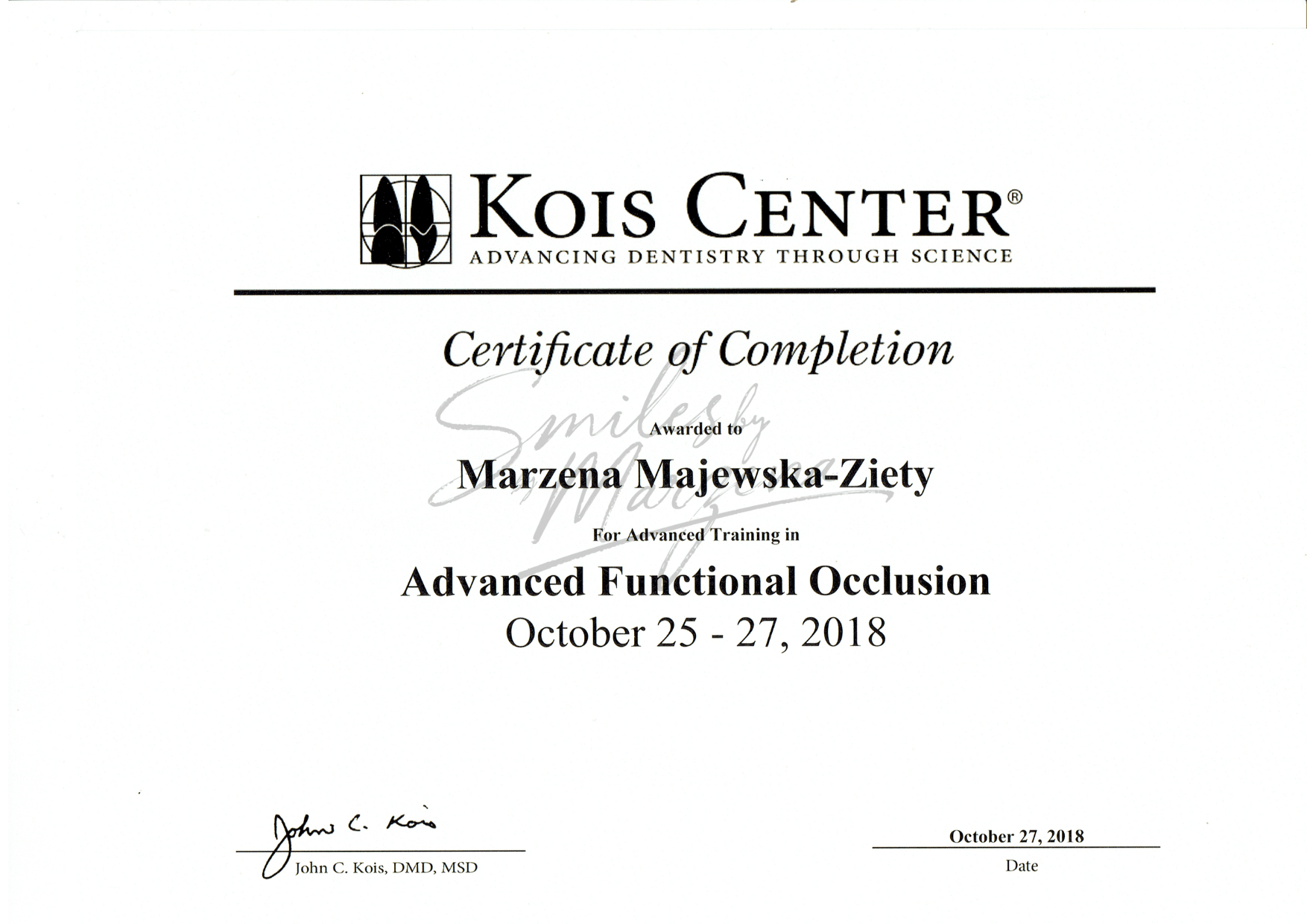 Certyfikat Kois Center – Advanced Functional Occlusion