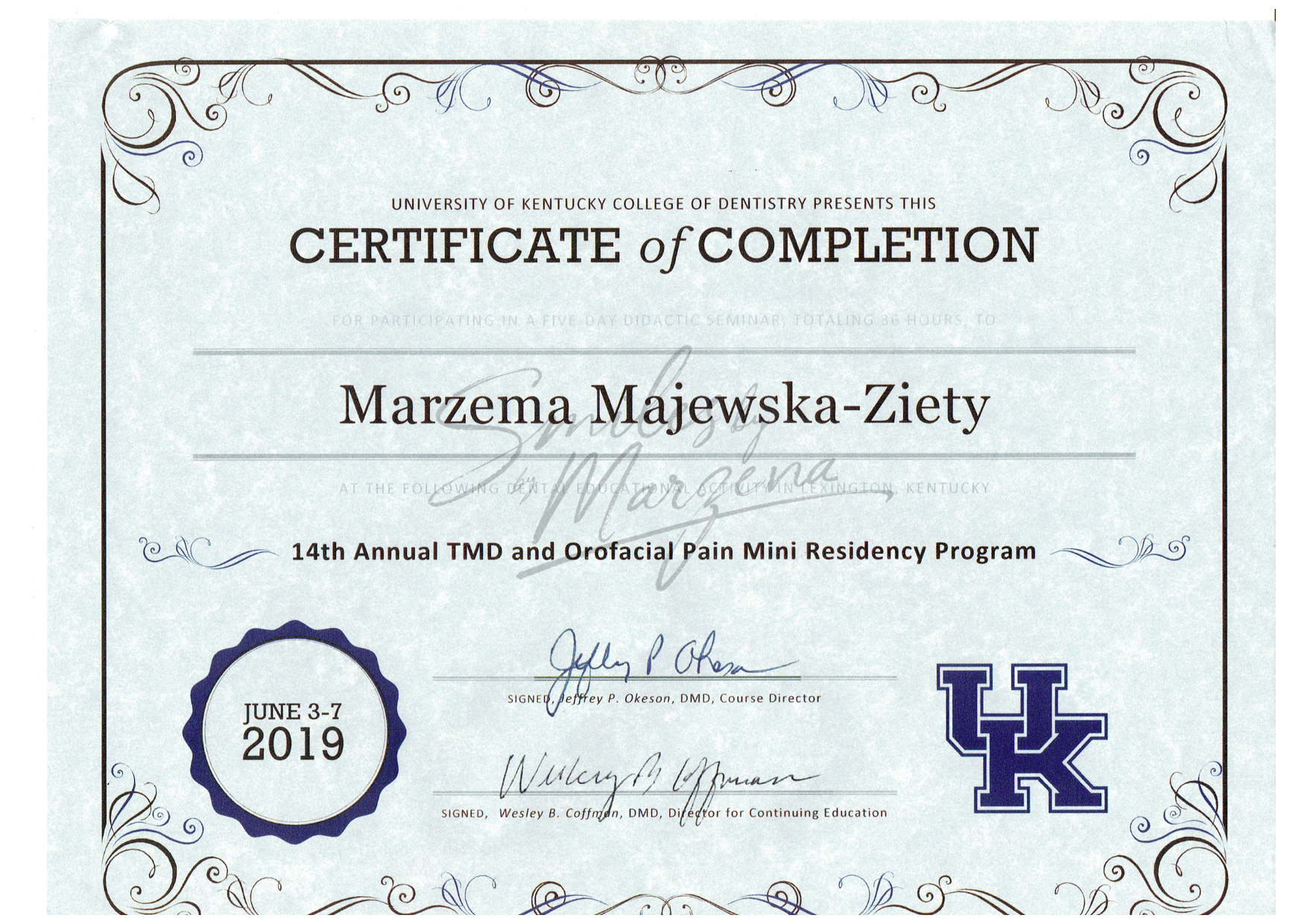 Certyfikat University of Kentucky College of Dentistry