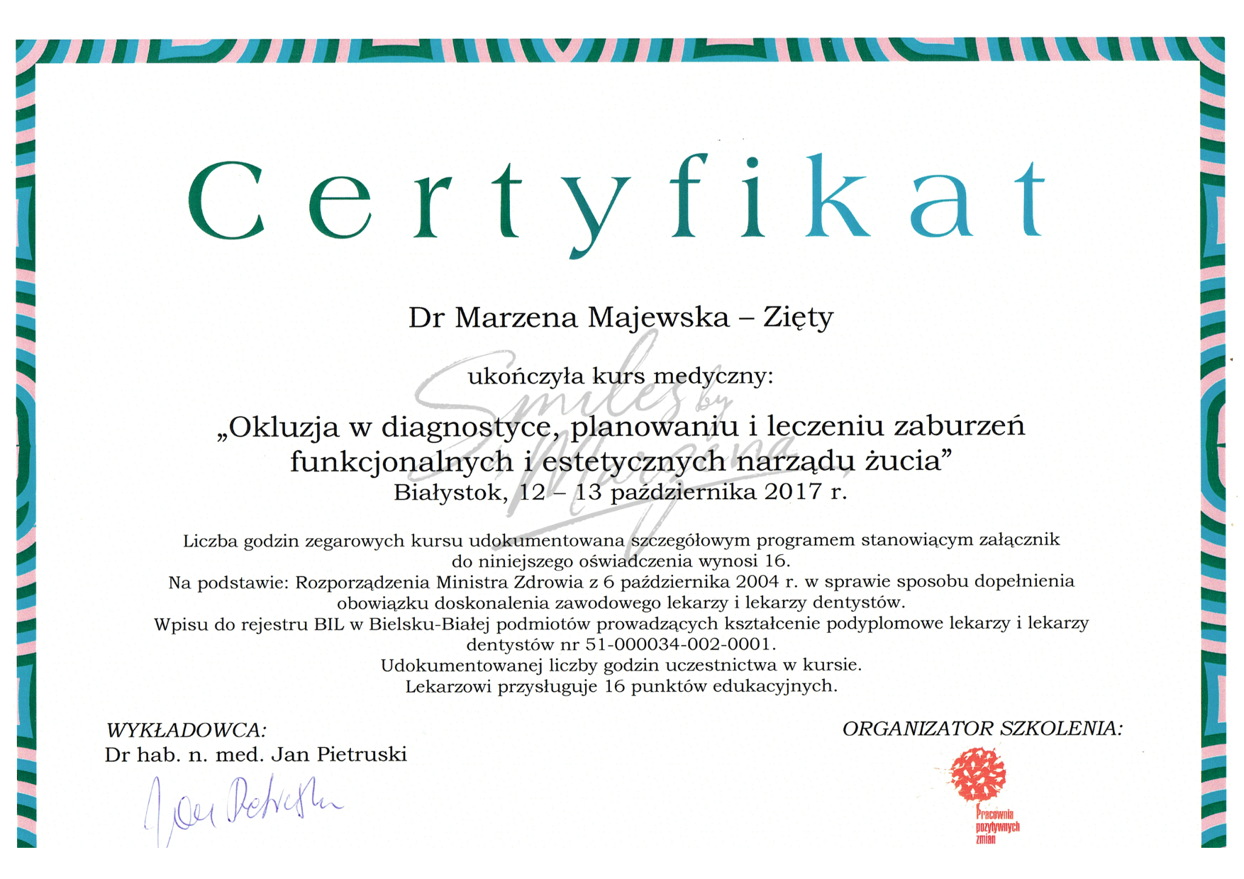 Certyfikat – okluzja w diagnostyce i planowaniu leczenia