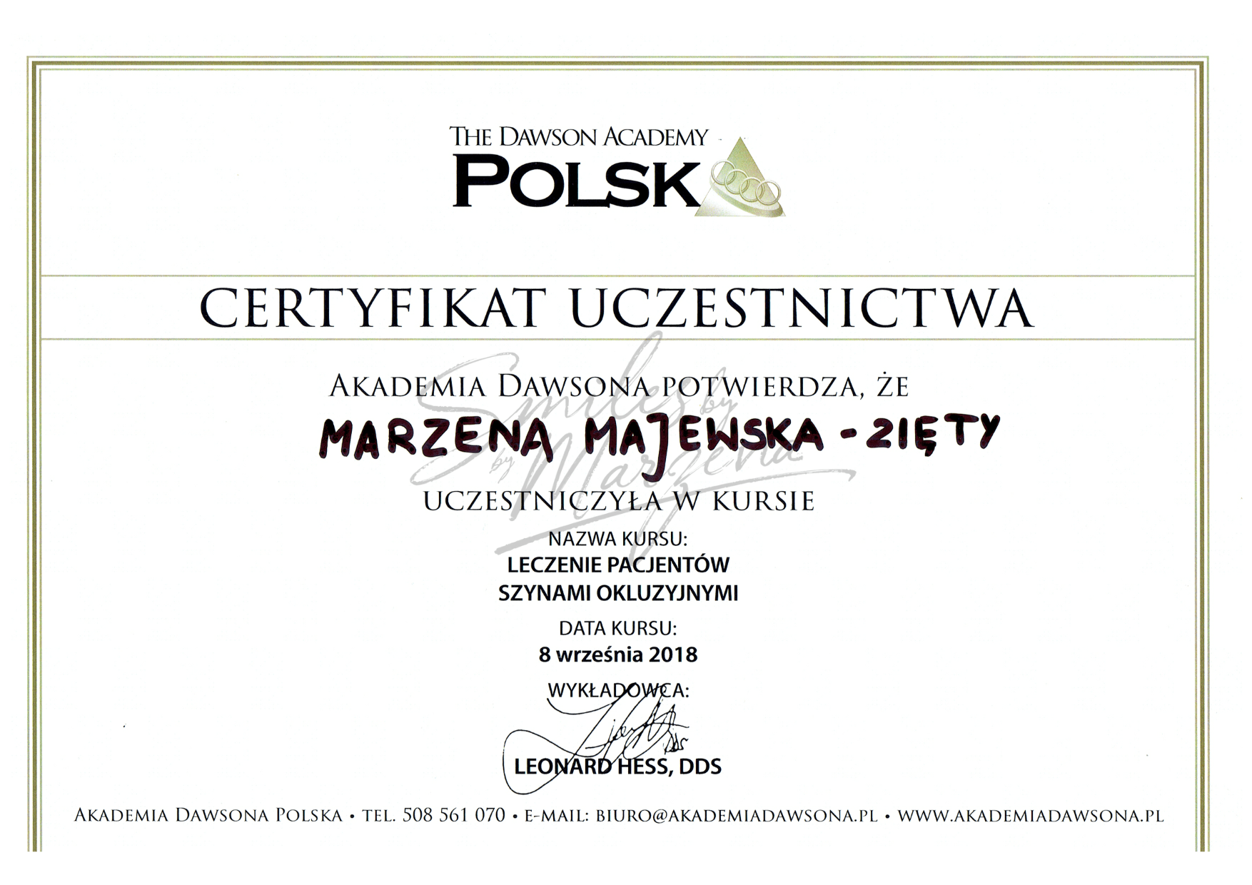 Certyfikat Dawson Academy – okluzja