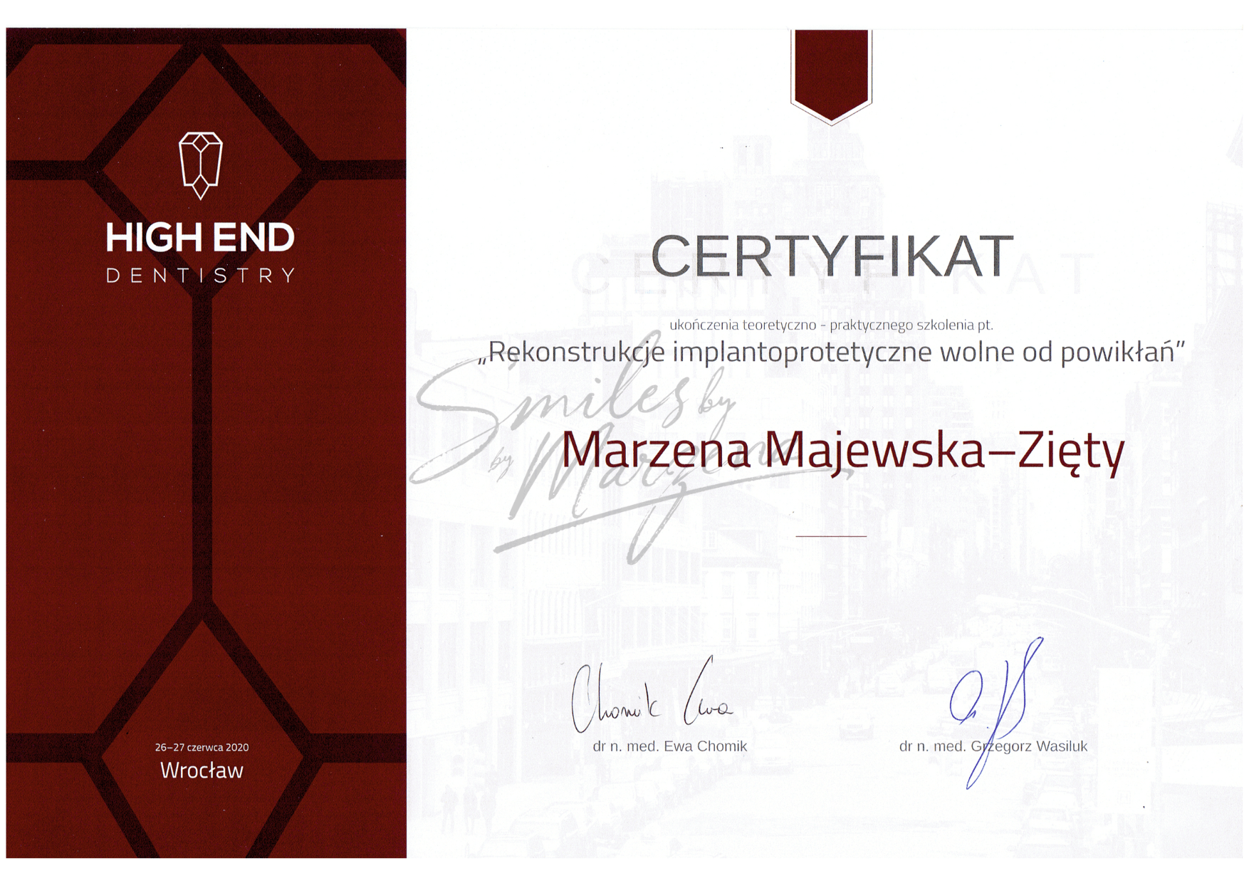 Certyfikat – rekonstrukcje implantoprotetyczne