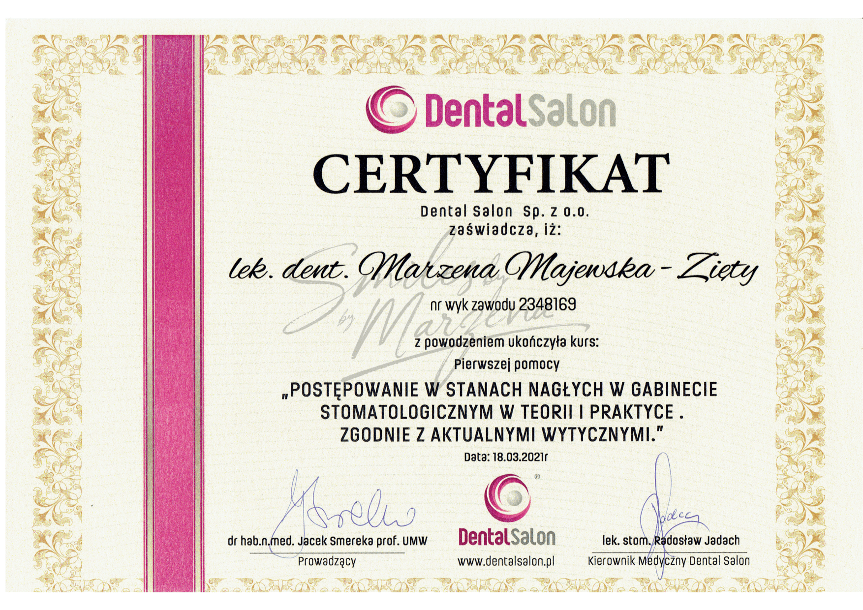 Certyfikat Dental Salon – postępowanie w stanach nagłych