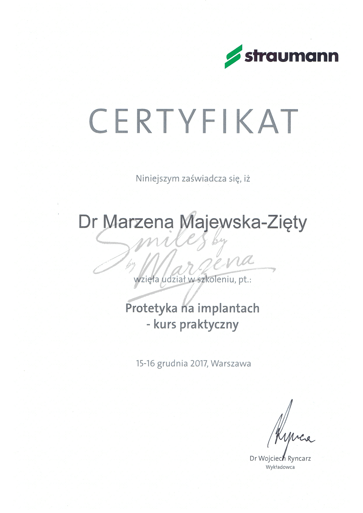 Certyfikat Straumann – protetyka na implantach