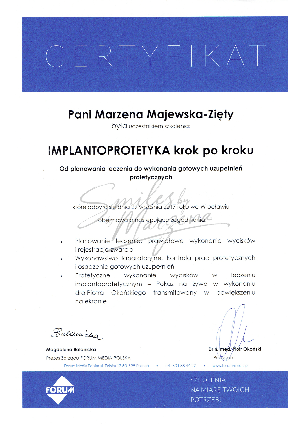 Certyfikat – implantoprotetyka krok po kroku