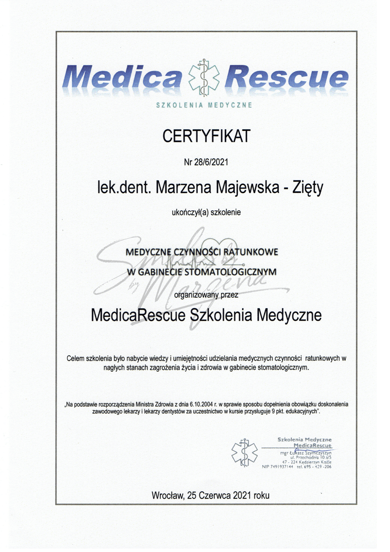 Certyfikat Medica Rescue – medyczne czynności ratunkowe